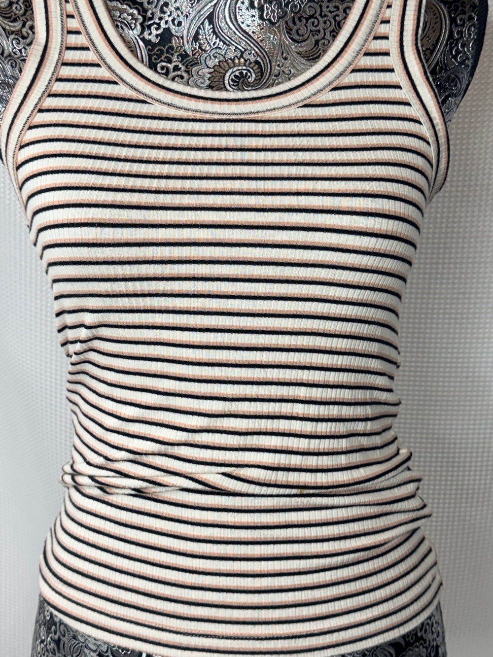 American Eagle Outfitters Cream Ribbed Tank with Black & Tan Stripes